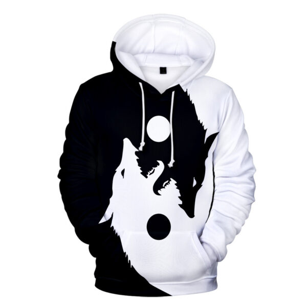 Sweat à capuche unisexe illustrant un loup incorporé au motif Tai Chi Yin Yang."