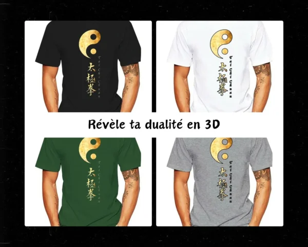 Sur la page des T-shirts 3D Yin Yang Taï Chi Doré, quatre hommes tatoués incarnent la fusion de la tradition et de la modernité. Ces symboles vivants portent fièrement nos créations, où l'équilibre ancestral du Yin et du Yang se marie à la profondeur du Taï Chi. Chaque T-shirt 3D Yin Yang Taï Chi Doré, imprégné de ces significations profondes, offre une expérience visuelle et spirituelle unique. Plongez dans l'harmonie de l'univers avec nos créations uniques, pour une connexion intime entre le corps, l'âme et le style.