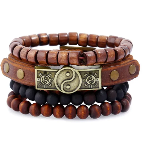 Bracelet pour hommes en cuir multicouche de style rétro, orné d'un motif Yin Yang.