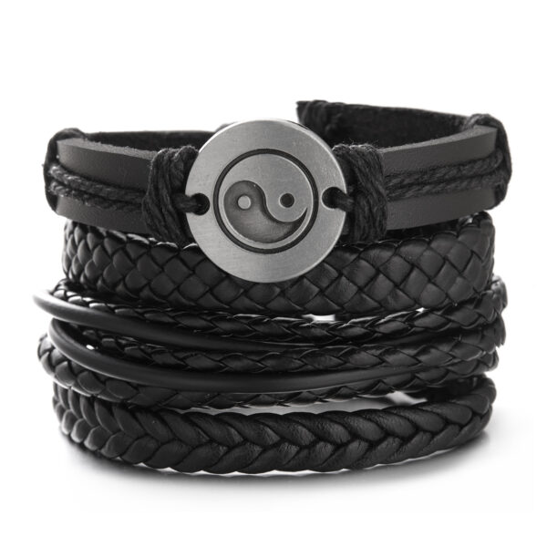 Bracelet pour hommes en cuir tressé avec motif central Yin Yang