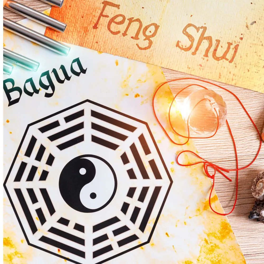 Bagua traditionnel avec le mot 'Feng Shui' inscrit, représentant les concepts fondamentaux de l'harmonisation de l'espace