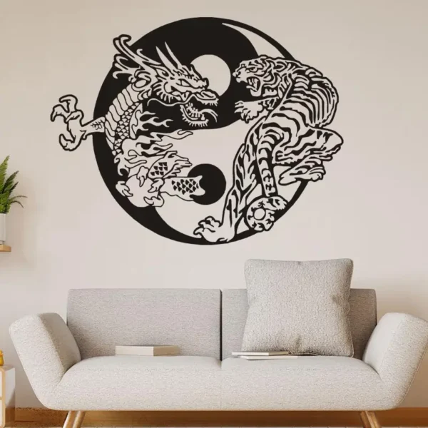 Sticker mural Yin Yang : tigre et dragon en équilibre, disponible chez Yoko Zen. Ajoutez une touche d'harmonie et de puissance à votre espace avec ce magnifique sticker mural symbolisant l'union des forces opposées. Transformez votre intérieur en un lieu de sérénité et d'énergie