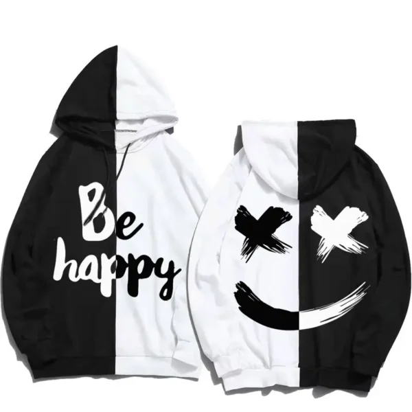 Savourez la positivité avec notre Sweat à Capuche Be Happy Streetwear en noir et blanc. Ce vêtement incarne la simplicité et la joie avec l'inscription 'Be happy'. Un rappel constant de l'importance du bonheur dans votre garde-robe