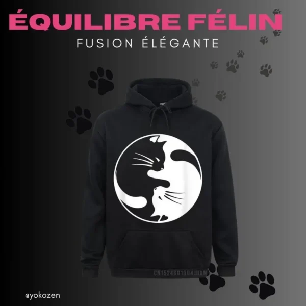 Explorez l'obscurité mystique avec notre Sweat à Capuche Chat Yin Yang, unissant le félin et l'équilibre. Sur fond noir, les motifs de pattes ajoutent une touche ludique, évoquant la puissance gracieuse du chat. Affirmez votre style avec cette fusion captivante de confort et de symboles intemporels