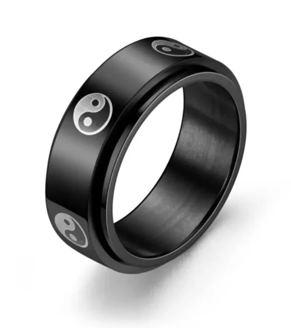 Bague en acier inoxydable noire avec un design Yin Yang en rotation