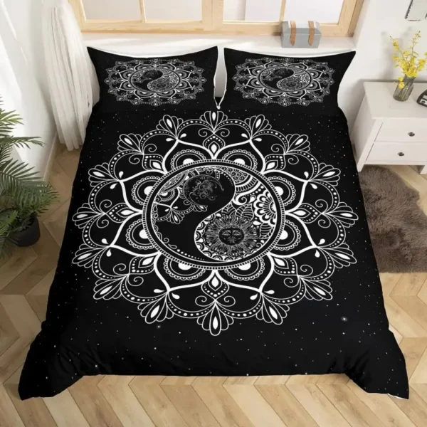 Housse de couette affichant un design mandala centré sur le symbole yin yang en noir et blanc, évoquant l'équilibre et la complémentarité des contraires