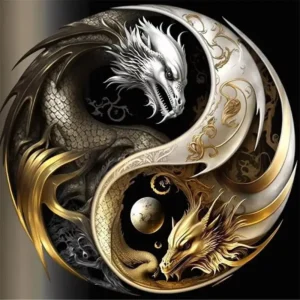 Impressionnez vos sens avec notre Poster Dragons Majestueux. Deux dragons puissants s'enroulent en harmonie dans ce magnifique yin yang, symbolisant la force et l'équilibre. Une œuvre artistique qui ajoute une touche de mystère et de légende à votre décor. Commandez-le aujourd'hui pour une expérience visuelle captivante