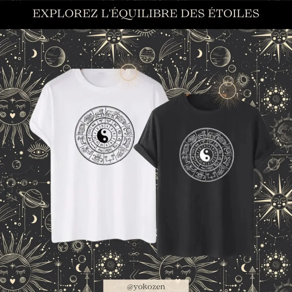 Dans cette image envoûtante,unT-shirt astrologie Yin Yang se détache avec élégance devant une toile cosmique constellée. La dualité du Yin Yang est magnifiée par la présence en arrière-plan d'une constellation mystérieuse, rappelant l'harmonie universelle. Ces T-shirts, véritables symboles d'équilibre et de connexion spirituelle, invitent à explorer les mystères du cosmos tout en célébrant la symbiose des forces opposées. Que ce soit pour affirmer sa passion pour l'astrologie ou simplement pour embrasser la beauté de l'univers, ces T-shirts captivent par leur présence énigmatique et leur puissance évocatrice