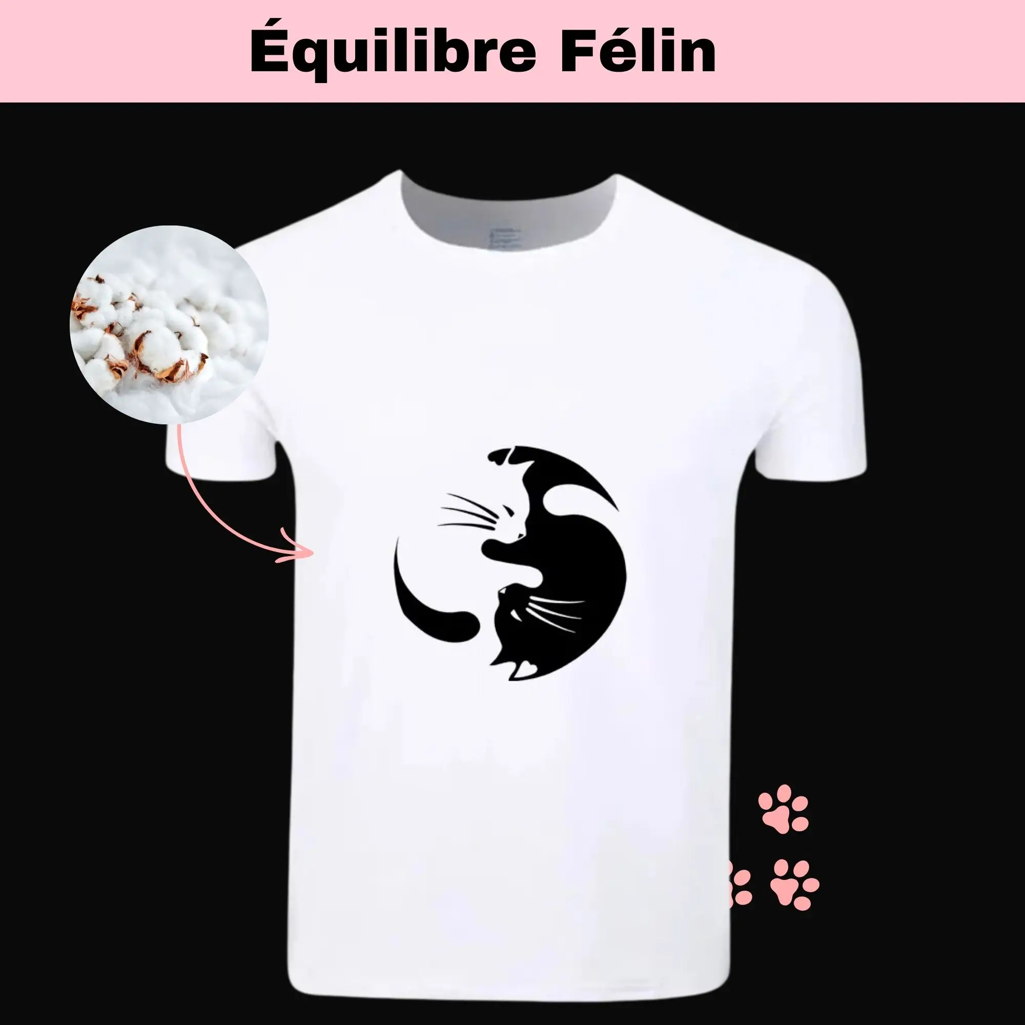 Dans l'obscurité du fond noir, émerge la dualité captivante du t-shirt Chat Yin Yang. Avec ses courbes gracieuses et son allure mystique, ce T-shirt incarne l'harmonie parfaite entre les forces opposées. Le chat, symbole de sagesse et de féminité, est représenté dans un équilibre subtil entre le noir profond et le blanc lumineux. Cette image évoque la tranquillité et l'équilibre, invitant chacun à méditer sur les polarités de la vie.