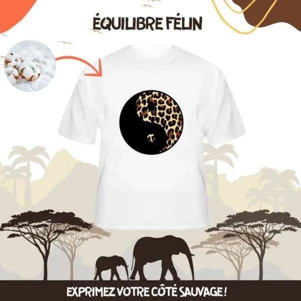 Dans cette image captivante, le T-shirt Leopard Yin Yang se distingue sur un fond de safari dessiné avec des nuances d'orange éclatantes. Le contraste entre la majesté du léopard et la sagesse du Yin Yang crée une fusion saisissante entre la force sauvage et l'harmonie intérieure. Les couleurs vives et les motifs inspirés de la nature évoquent l'aventure et la liberté des vastes étendues sauvages. Ce T-shirt incarne l'équilibre entre la puissance animale et la spiritualité, invitant celui qui le porte à embrasser sa nature instinctive tout en cultivant la paix intérieure