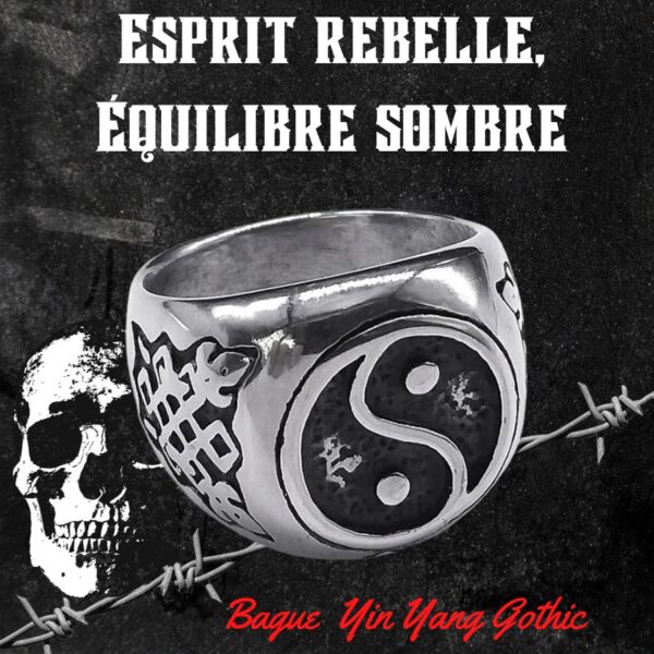 Une image montrant une bague yin yang. gothic sur un. fond noir avec une tête de mort derriere