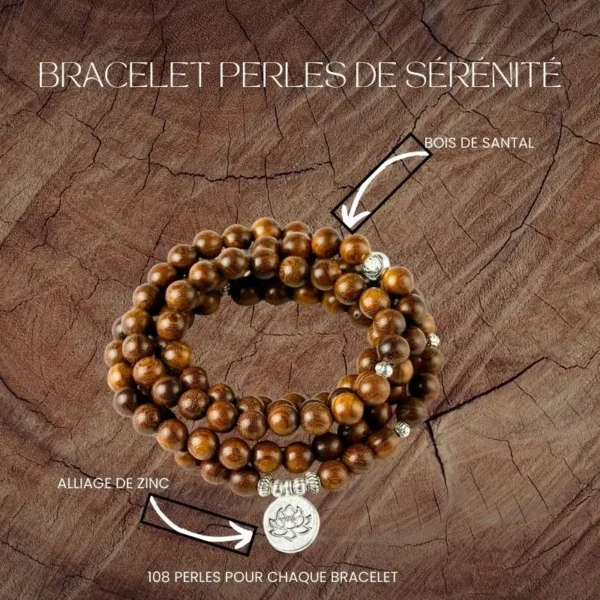 une image montrant un. bracelet perles de sérénité posé sur. du bois pour informer du matériau, ce bracelet est fabriqué en bois de santal