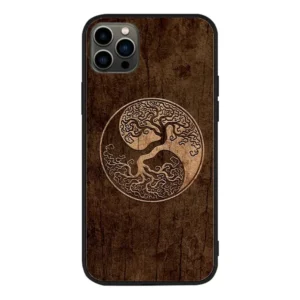 Coque de téléphone affichant un design Arbre de Vie Rustique combiné au symbole Yin Yang, illustrant l'équilibre et la nature.