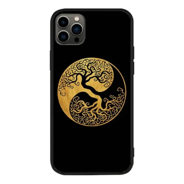 Coque de Iphone présentant un motif d'Arbre de Vie Jaune avec le symbole Yin Yang, symbolisant l'équilibre entre les énergies et la nature.