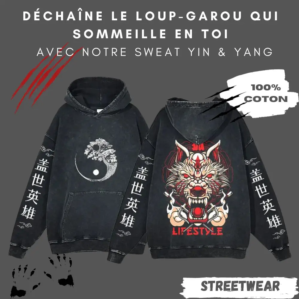 Une image montrant notre sweat yin yang loup garou sur un fond noir