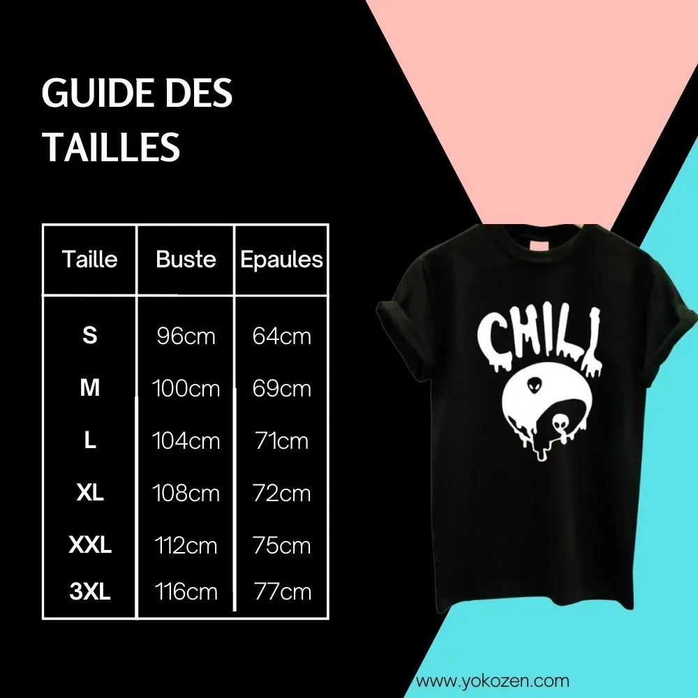 guide des tailles pour ce superbe t-shirt yin yang chill