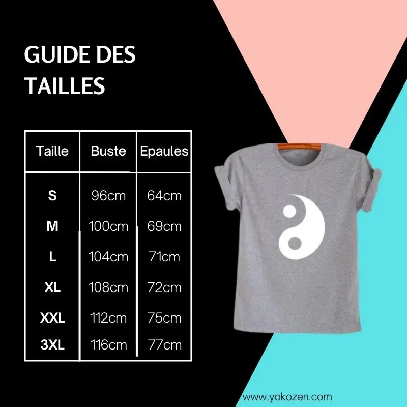 Guide des tailles de la boutique YOKO ZEN pour le t-shirt yin. yang décontracté