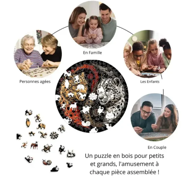 image montrant un puzzle en bois félin yin yang, jeu pour toute la famille