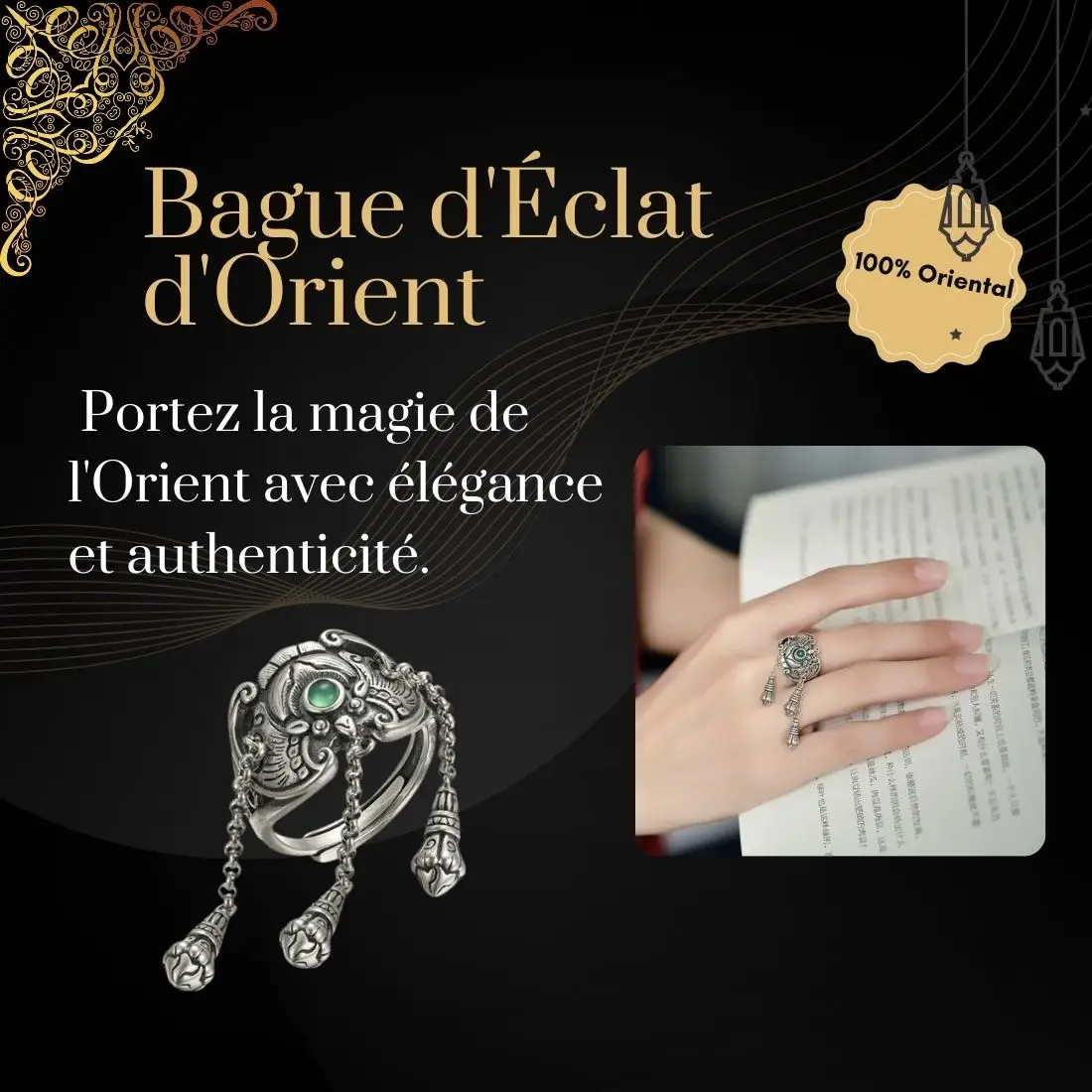 Plongez dans l'exotisme captivant de l'Orient avec notre Bague d'Éclat d'Orient, magnifiquement immortalisée dans cette image. Les détails finement travaillés et les motifs inspirés de l'histoire ancienne évoquent une splendeur intemporelle. Fabriquée en cuivre de qualité, cette bague allie le charme vintage à la sophistication moderne, créant un équilibre parfait entre tradition et élégance contemporaine