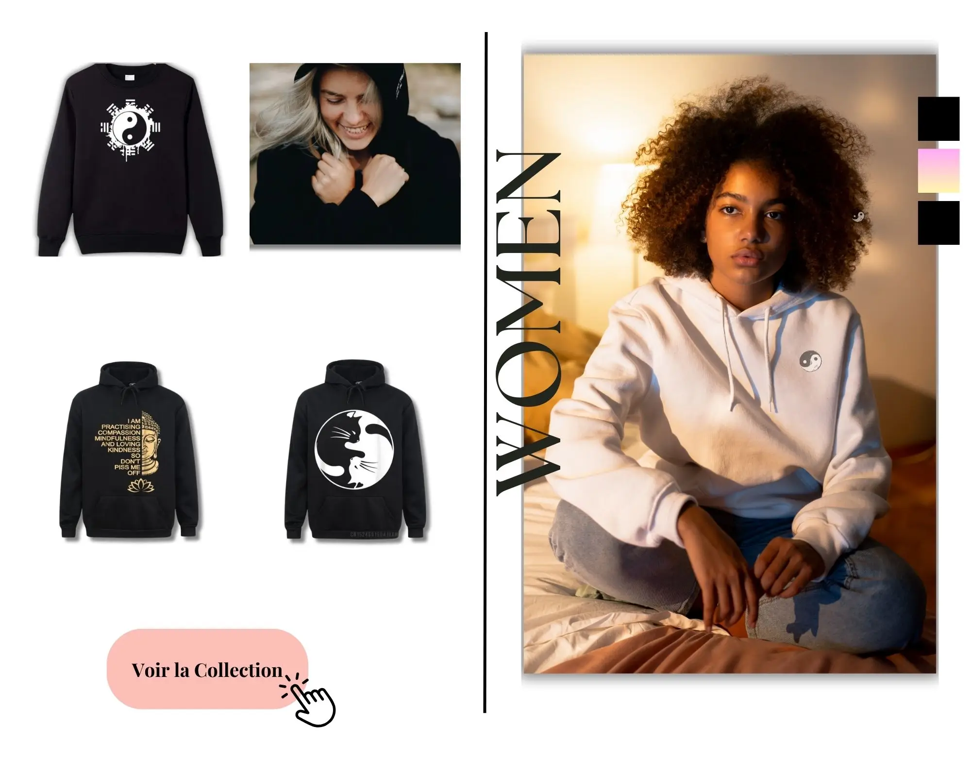 Sur la page 'La Boutique' de Yoko Zen, découvrez l'élégance incarnée par nos sweats féminins, parfaits pour exprimer votre style unique. L'image met en avant une jeune femme métisse, rayonnante dans notre sweat Yin Yang, symbole d'harmonie et d'équilibre. Explorez notre collection et laissez-vous séduire par nos créations, conçues pour vous accompagner avec style et confort dans toutes vos aventures.