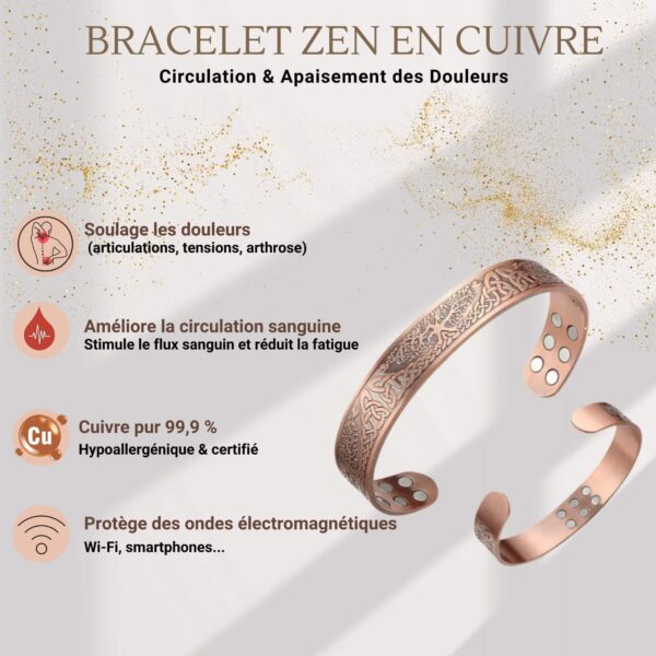 Bracelet ZEN en cuivre pur 99,9 % – Soulagement des douleurs, amélioration de la circulation sanguine et protection contre les ondes électromagnétiques.